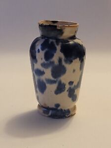 Antique Miniature Mexican Hand Made Painted Pottery Blue White Vase