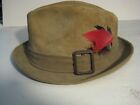 Dobbs Buff Brown Size 7 1/4 Fedora Suede Dome Men's Line Hat Buckle and Feather