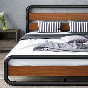 King Size Heavy Duty Metal Bed Frame with Wooden Headboard & Footboard,Walnut
