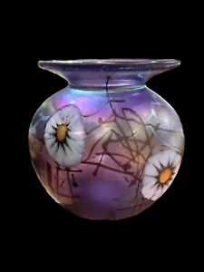 New ListingHerb Thomas HAT Signed Purple Floral Iridescent Art Glass Vase 3”x3”
