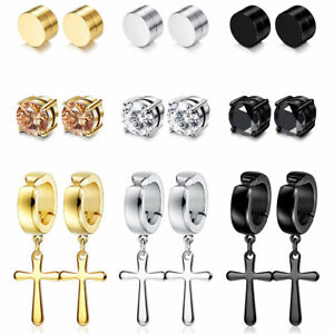3 Pairs Stainless Steel Cross Stud Magnetic Earrings for Men Women Non Piercing