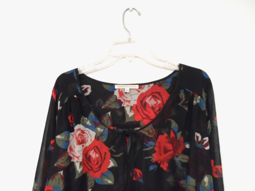 Daniel Rainn Women's Chiffon Blouse Plus Size 3X Black Floral Tie Keyhole Neck