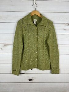 Vintage LL Bean Cardigan Sweater Womens Small Green Wool Cotton Blend Stretch