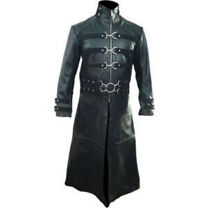 Mens Real Leather Coat Goth Matrix Trench Coat Steampunk Gothic Van Helsing