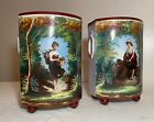 pair of antique ornate French 19th century hand painted enameled porcelain vase