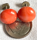 ANTIQUE ITALY 800 SILVER CORAL BUTTON PIERCED SCREW EARRINGS - FREE SHIP