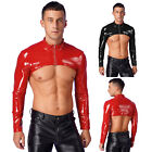 Men Patent Leather Crop Tops Wet Look Long Sleeve Shirts Rave Nightclub Outfits