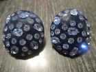 Vintage Signed Weiss Navy Blue Lucite Aqua Rhinestone Button Clip Earrings