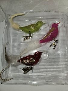 NOS Set of 3 Blown Glass Christmas Tree Ornaments Clip On Bird w/ Feather Tail C
