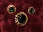 Vintage Mamselle   green and gold colored rhinestone brooch and earrings set