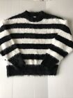 A New Day Womens L Black & White Striped Fuzzy Sweater Slight Crop Long Sleeve