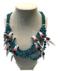 Wood Bead Parrot Necklace Vintage Teal Tropical Birds Jungle 16 Inch