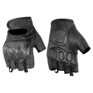 Mens Fingerless Leather Gloves - Carbon Fiber Kev Knuckle Protection Bikers