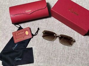 Cartier Sunglasses Men Rimless Wood Glasses Eyeglasses Tea gold Lens 145MM