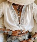 L New White Lace Folk Gypsy Boho Blouse Cottagecore Top Womens Size LARGE