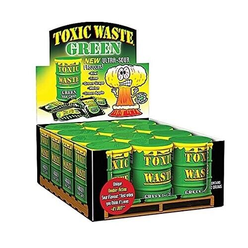 12x Toxic Waste Green Drum Candy Sweets Green Sour Candy Hard Boiled Sour Sweets