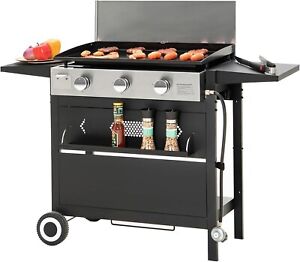 33000 BTU Propane Gas Grill Removable  Flat Griddle Outdoor BBQ Grill w/3-Burner