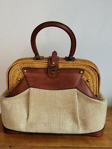 Etienne Aigner Vtg 60s Linen, Leather And Wicker Bag Rare And Handmade