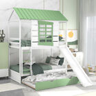 House Bunk Bed with Trundle Kids Bunk Bed w/ Slide Wood Bed Frames Bedroom Sets