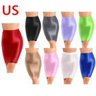 US Womens Oil Glossy High Waist Pencil Skirt Stretchy Casual Solid Color Bodycon