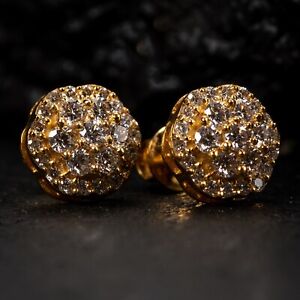 Flower Cluster 10K Solid Yellow Gold 0.70Ct Natural Diamond Stud Earrings
