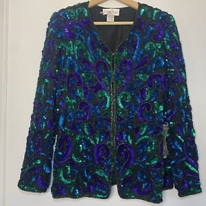 1980s Vintage Womens Blue Green Silk Sequin Beaded Paisley Blazer Jacket Size M