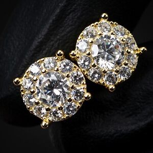 14K Gold Plated Men's Hip Hop Iced Cluster 925 Sterling Silver Stud Earrings