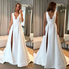 Side Split Wedding Dresses Deep V Neck Sleeveless Satin Simple Bridal Gowns
