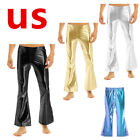 US Men's Shiny Metallic 70s Retro Disco Pants Bell Bottom Party Dance Trousers