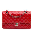 Authenticated Chanel Medium Classic Patent Double Flap Red Leather Shoulder Bag