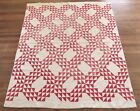 Antique 19th Century Hand Stitched 10 spi Red & White Ocean Waves Quilt 74x63