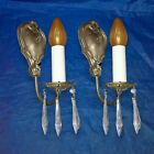 Pair early nickel plated sconces with original patina and prisms Wired Pair 16E