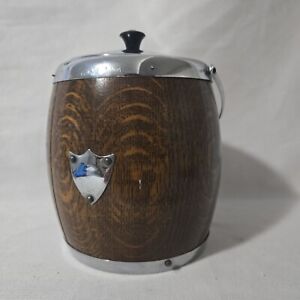 Antique English Porcelain Lined Oak Wood 7” Biscuit Barrel Jar