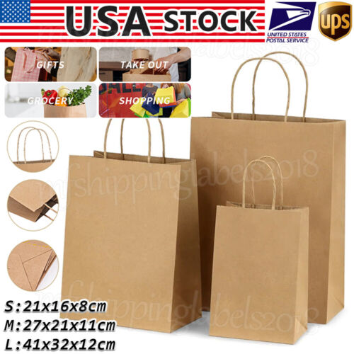 100PCS Kraft Flat Paper Bags Brown with handles Gift Retail Merchandise Shopping