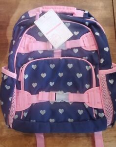 Pottery Barn Kids Girls LARGE  Backpack Pink Blue Metallic Silver Glitter Hearts