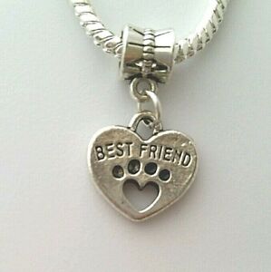 Pet Heart Best Friend Dog Paw Print Dangle Bead fits European Charm Bracelet