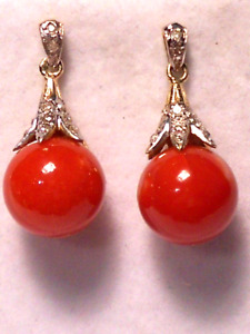 10mm red coral ball dangle earrings, diamonds, solid 10k yellow gold.