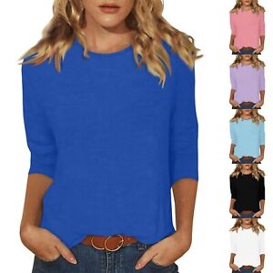 3/4 Length Sleeve Womens Tops Casual Loose Fit Crewneck Shirts Solid Tunic Tops
