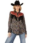 Scully Women's Feather Print Long Sleeve Pearl Snap Western Fringe Shirt Black