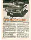 1974 OPEL MANTA LUXUS  ~  NICE 3-PAGE ORIGINAL EXTENDED USE ARTICLE / AD