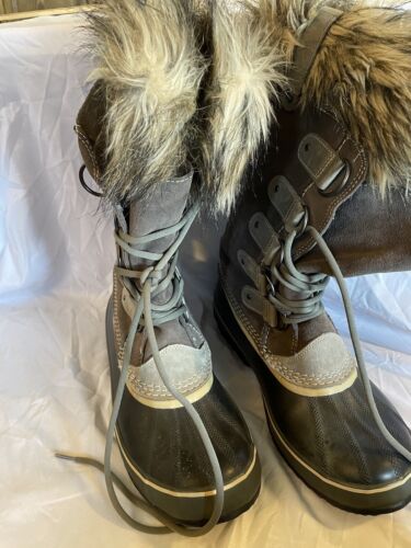 Sorel Joan Of Arctic Winter Boots Sz 11 Women’sLeather Faux Fur Trim Lace Up Tan