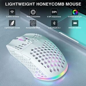 SM600 White Wireless Gaming Mouse Bluetooth Mouse with Honeycomb Shell, Side But