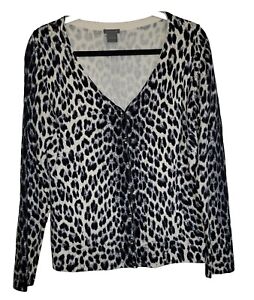 Ann Taylor Sz Lg Cheetah Print Gray Pearl Button Up Cardigan Sweater Silk Blend