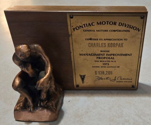 New ListingPontiac Motor Division Award Statue Thinker 1975 Plaque