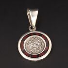 Sterling Silver - MEXICO Coral Inlay Mayan Sun Necklace Pendant - 7g