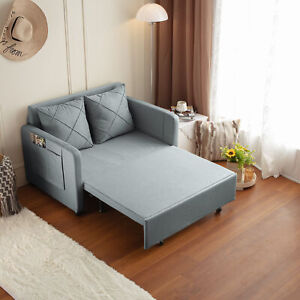 Modern Futon Linen Sofa Bed Couch,Pull Out Sofa Bed w/ Pillows and Sides Pockets