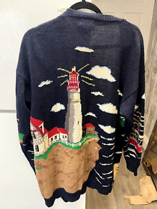 vintage sweater cardigan XL  cotton storybook knit lighthouse nautical cardigan