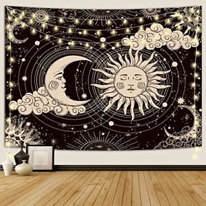 Wonrizon Sun and Moon Tapestry, Aesthetic Black Dark Spiritual Tapestries Mystic