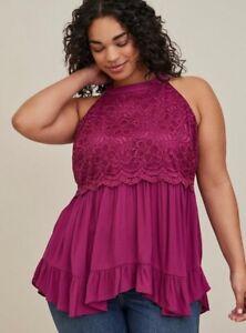 TORRID SIZE 4X PURPLE BABYDOLL GAUZE WITH LACE HALTER TOP