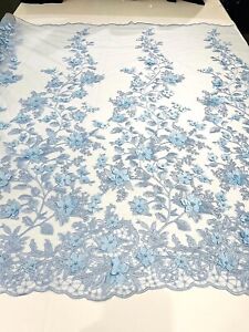 3-D Floral Lace with Pearls Embroidery and Scallops Fabric by Yard. Light Blue